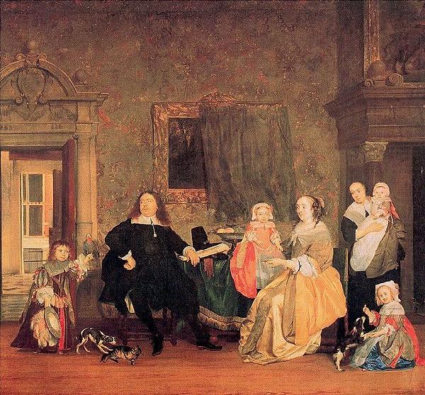 The family of Jan Jacobsz Hinlopen just before the youngest and his wife Leonora Huydecoper van Maarsseveen died, Gabriel Metsu